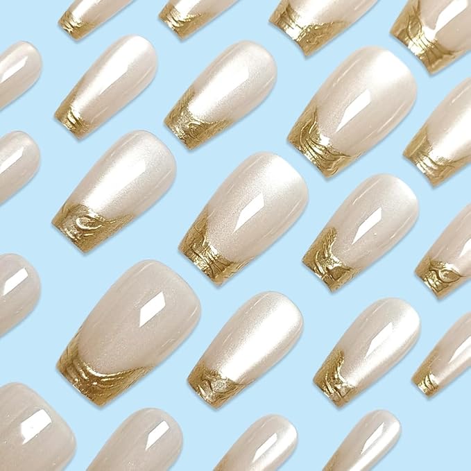 Gold French Tip Press on Nails Square Short Fake Nails Cat Eye Acrylic Nails Press ons Glossy Nature Artificial False Nails Full Cover Glue on Nails for Women Girls Manicure Deco 24Pcs