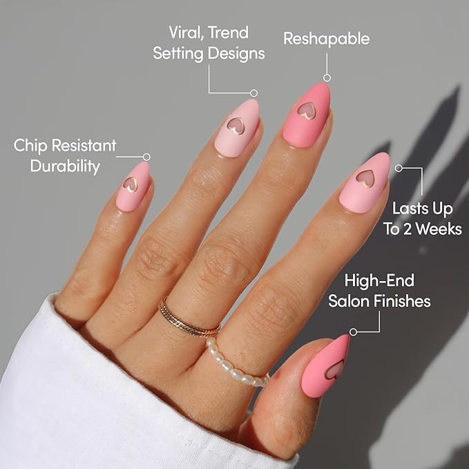 Valentines Day Glamnetic Press On Nails - Matte in Love | Short Almond Fake Nails in Mixed Pink Tones, Metallic Gold Heart in Matte Finish | 15 Sizes - 30 Nail Kit with Glue