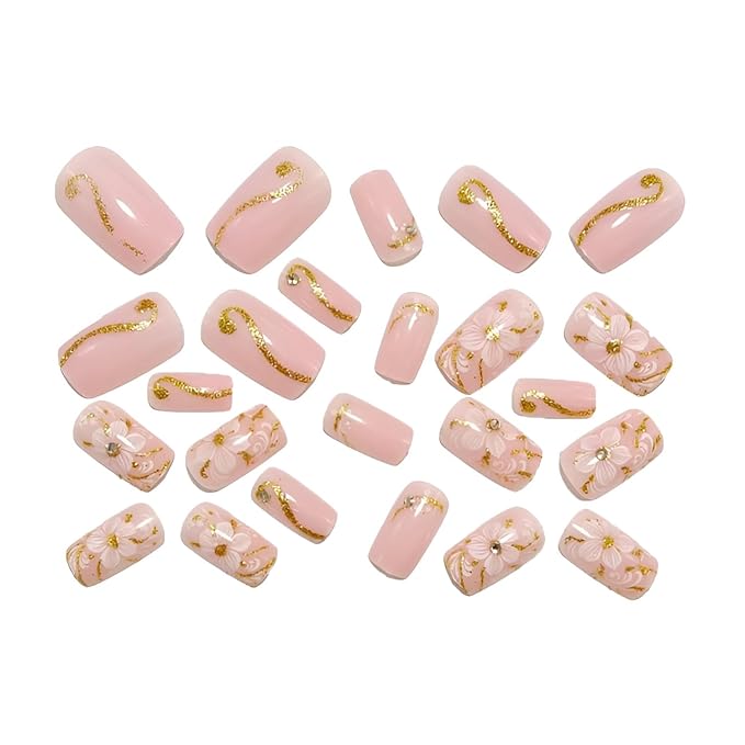 Flower Fake Nails Medium Square Press on Nails Pink False Nails White Flower Nails Press Ons with Rhinestones Design Gold Glitter Line Glue on Nail Glossy Stick on Nail for Women Set 24Pcss