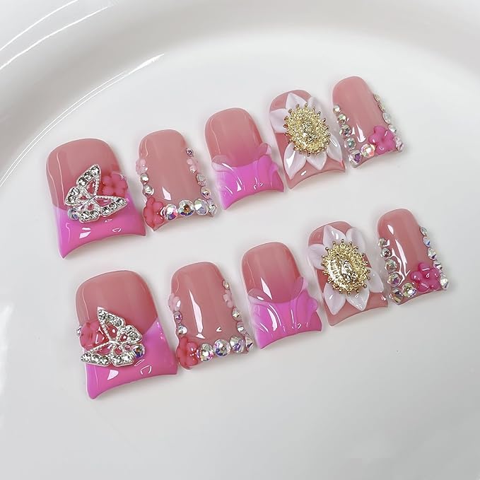 Luxury Handmade Press on Nails 3D Unique Flower Fake Nails Pink French Tip False Nail with Butterfly Rhinestone Designs Short Duck Muti-Layer Gel Acrylic Nail Full Cover Stick on Nails for Women（M)