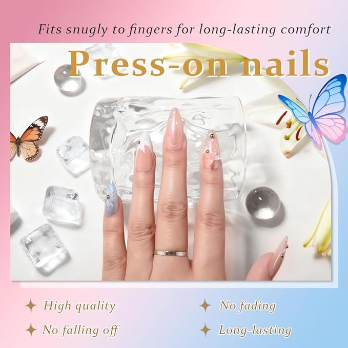 3D Press on Nails Medium Almond with Butterfly Floral Design, Nude Blue Neon French Nail Press ons Glossy Stick on Nails for Women Reusable with Kit, Stick on Cute Fake Nail with Designs Perfectly Fit