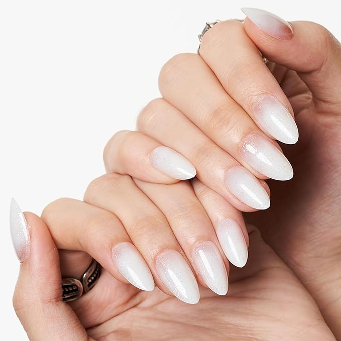 GLAMERMAID Nude White Glitter Press On Nails Short Almond, Translucence Milk White Handmade Soft Jelly Gel Fake Nails, Round Oval Stick Glue on Nails Kit for Women, Reusable Acrylic False Nail Set