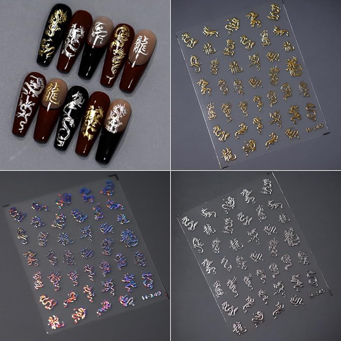 3Sheets Dragon Nail Stickers Gold Silver Laser Chinese Totem Character Acrylic Nail Decals for Halloween New Year Tattoo Design Supplies (B style)