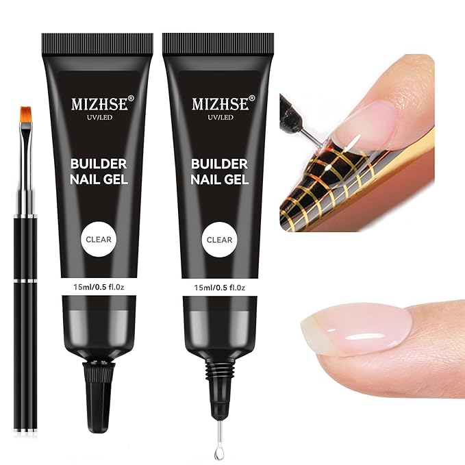MIZHSE Builder Gel for Nails, 2Pcs 15mL Clear Hard Builder Gel for Nail Thickening Tip Design Rhinestone Glue U V LED Extension for Nail Art Design