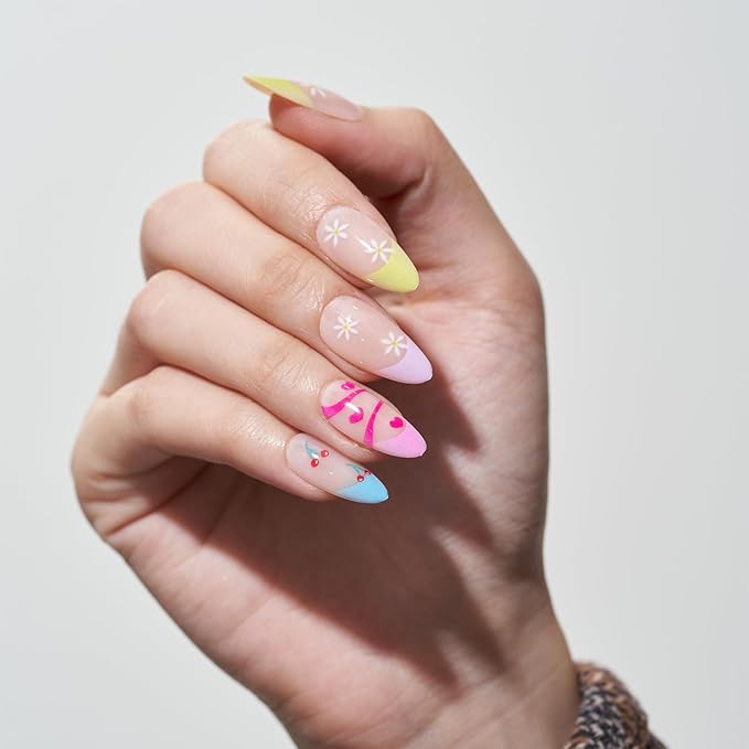GLAMERMAID Light Colorful Rainbow Press on Nails Medium Almond, Tie Dye Jelly Soft Gel False Nals, Stiletto Glue on Nails Kit for Women, Reusable Short Oval Stick on Acrylic Fake Nails Manicure Set