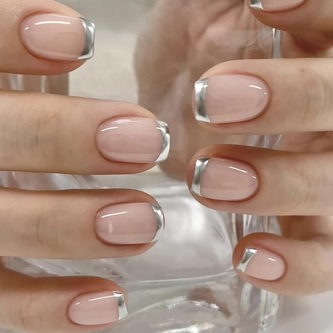 Silver French Tip Press on Nails Short Square Fake Nails French Nails Press ons with Silver Design,Reusable Artificial Nail Glossy Full Cover Glue on Nail Stick on Nails for Women Manicure 24 Pcs