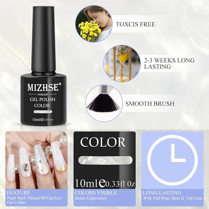 MIZHSE Pearl White Gel Nail Polish, Shimmer Mermaid Gel Polish Glitter Gels Polish Swirl Shell Thread Effect Soak Off U V Salon Home DIY Manicure Use10ml