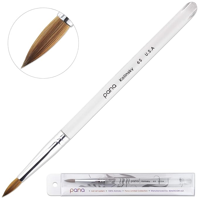 PANA Pure Kolinsky Hair Nail Brush - Round Clear Acrylic Handle (Size 6) - for Acrylic Nail Application, Nail Extension, Manicure Pedicure Salon Beginner and Professional
