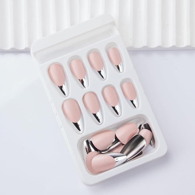 French Tip Press on Nails Medium Almond Fake Nails Silver French Nail Tips Metal False Nails Artificial Acrylic Nails Full Cover Glue on Nail for Women Nail Decoration