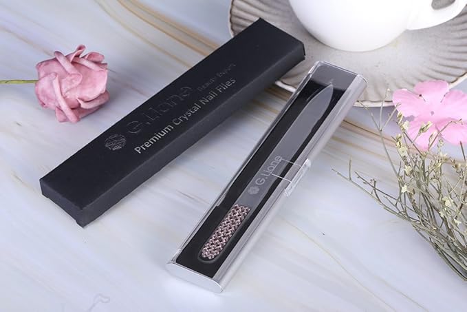 Glass Nail File with Austria Crystals Professional Crystal Fingernail Files in Aluminum Case Perfect Manicure Set for Women Men Kids Nail Care Gift Set (Pink Crystals)