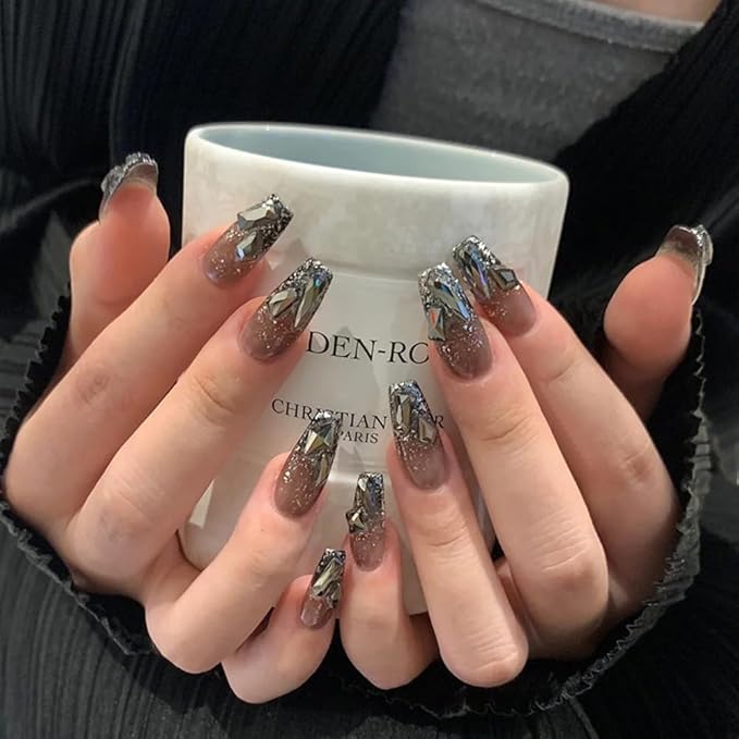 Press-On Nails, Mid-Length Midnight Black False Nails with Silver Diamonds for Fashionable Personalized Temperamental and Girls and Women Fake Nails 24pcs (with Free ToolKit)