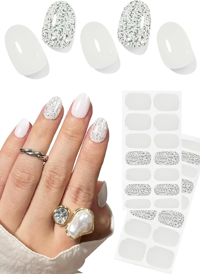 UV Gel Nail Stickers, Milky White Glitter 30pcs Semi Cured Gel Nail Strips, Wraps for Home Manicure DIY
