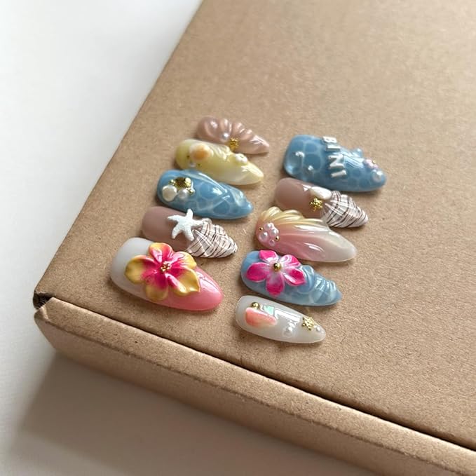 Press On Nails Medium Almond Shape - 3D Handmade Acrylic Gel Fake Nails with Glitter Designs, Reusable Thick Almond Nails for Women DIY Manicure Kit (10PCS, L Size, Easy Application)