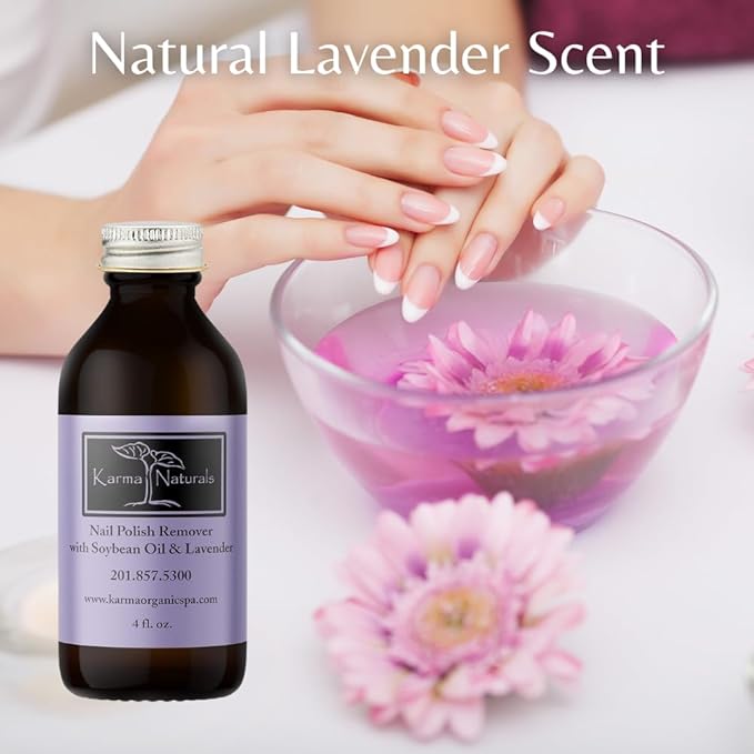 Karma Organic Nail Polish Remover with Soybean Oil and Lavender Oil- Non Toxic, Vegan, Cruelty Free, Acetone Free – Nails Strengthener for Fingernails – 4 fl. Oz