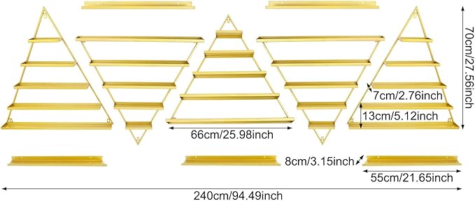 10PCS Gold Wall Mount Nail Polish Display Racks, 5 Tier Triangular Nail Polish Racks for Salon and Shop, Includes Horizontal Bars for Nail Polish and Cosmetics Storage