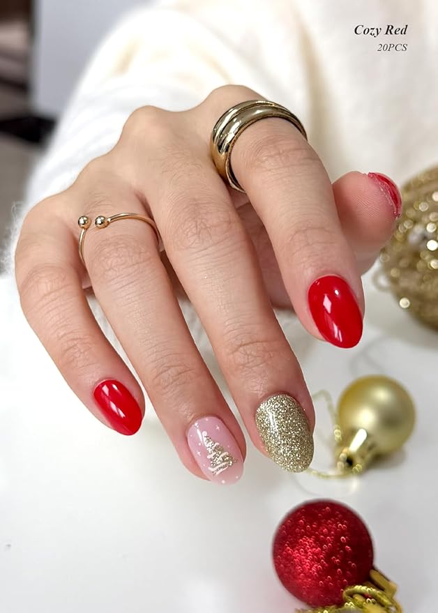 Semi Cured Gel Nail Strips (Cozy Red), Christmas Tree, 20 Pcs Gel Nail Wraps, Stickers, Salon Quality, Long Lasting, Works with Any UV Lamps
