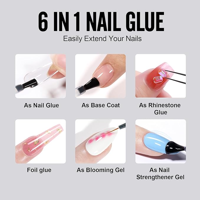 TOMICCA 6 in 1 Brush On Nail Glue for Press Ons 8ml Gel Nail Glue Strong for Acrylic Nails Lamp Curing Needed UV, DIY Home Salon Use