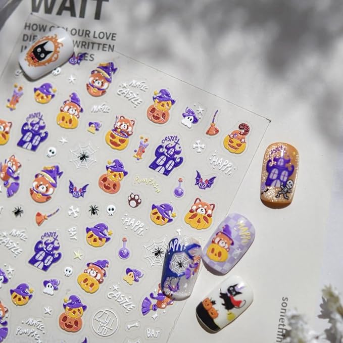 Halloween Nail Stickers 3D Self-Adhesive Magic Hat Pumpkin Nail Supplies Cute Cute Ghost Nail Decals 5D Embossed Haunted House Spider Web Nails Designs for Women Holiday DIY Manicure 1 Sheet