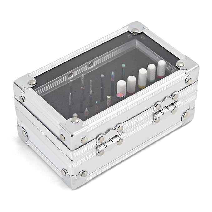 Nail Drill Bits Holder, Aluminum Alloy and Acrylic Organizer with Transparent Flip Cover and Lock Design for Secure Storage of Multiple Drill Bits