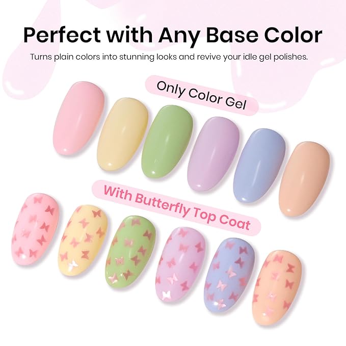 Beetles Butterfly Gel Top Coat 15ml - Floral Sprite Pink Butterfly Glitter Shine No Wipe Top Coat Long-Lasting for Gel Polish Sparkle Soak Off UV LED for Women