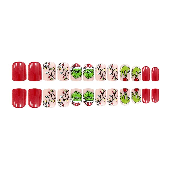 Christmas Fake Nails Short Square Petite Press on Nails Winter Xmas Acrylic Nails Full Cover False Nails with Green Monster Designs Cute Red Stick on Nails Gloss Artificial Nails for Women Manicure