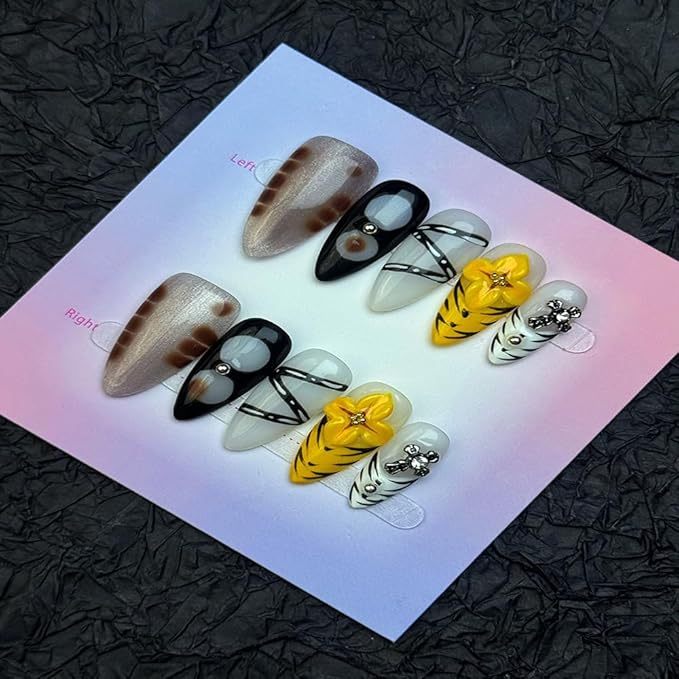 100% Handmade Press on Nails Medium Almond Handmade Nails with Yellow Flower Design Tortoise Shell False Nails Glossy Animal Prints Nail Press ons Reusable Fall Winter Acrylic Nails for Women M 10Pcs