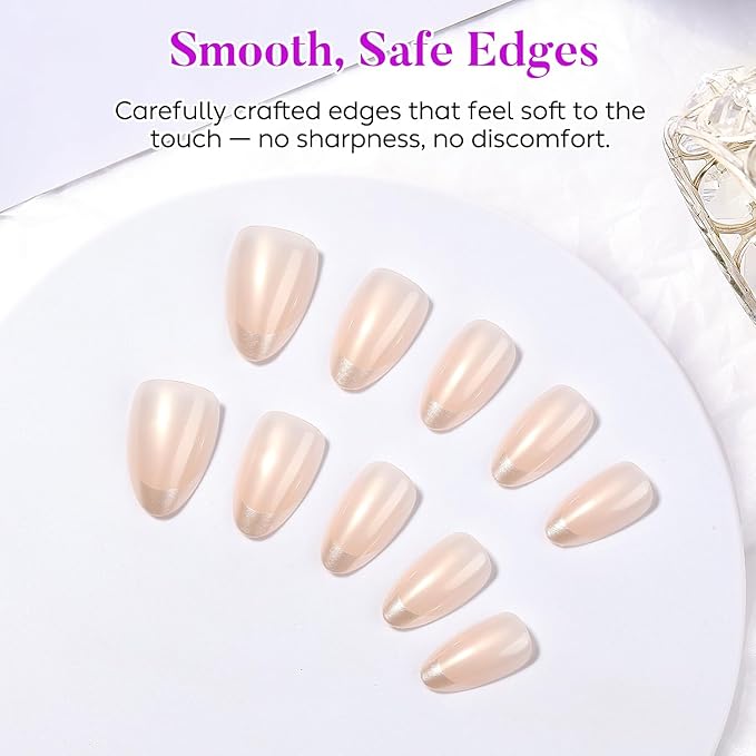 Luxbon Almond Press On Nails with No-Cure Nail Glue and Tool Kit – French Manicure Glue On Nails 30-32pcs Full Size Set, Reusable Fake Nails for Women, Fit Perfectly, Pearlescent Pink