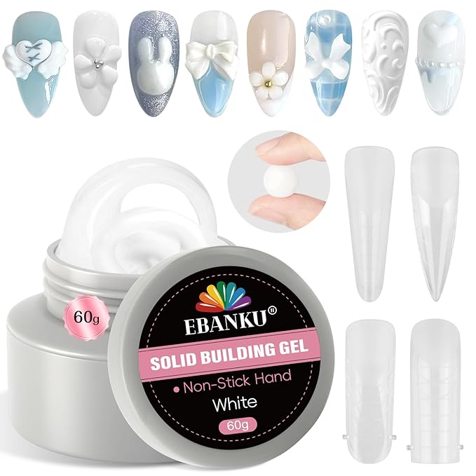 Solid Builder Gel for Nails, EBANKU White 60g/2.1oz No Stick Hand 3D Sculpting Gel for Nail Art, Hard Glue with 96Pcs Nail Forms Soak Off UV LED Manicure Salon DIY Gift