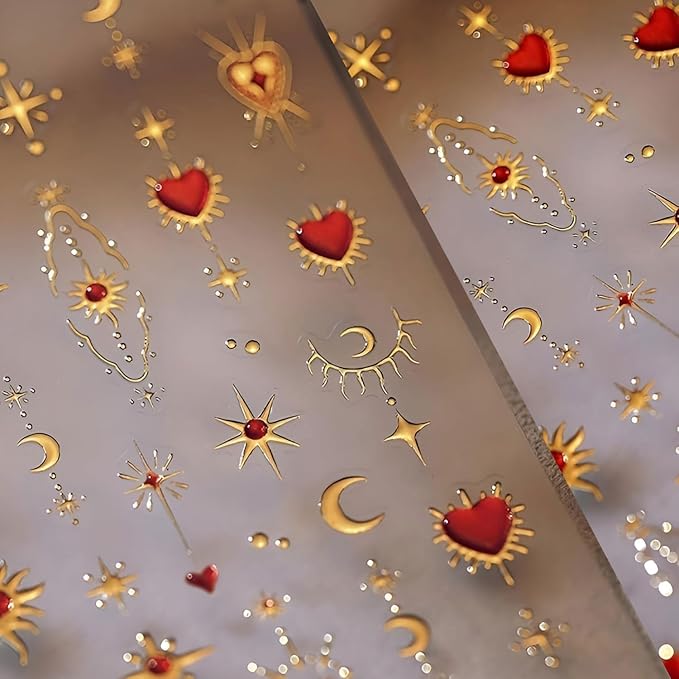 Valentines Nail Art Stickers Red Heart Nail Decals 5D Embossed Nail Supplies Gold Star Moon Nail Design for Women Holiday Nail Decorations Accessories