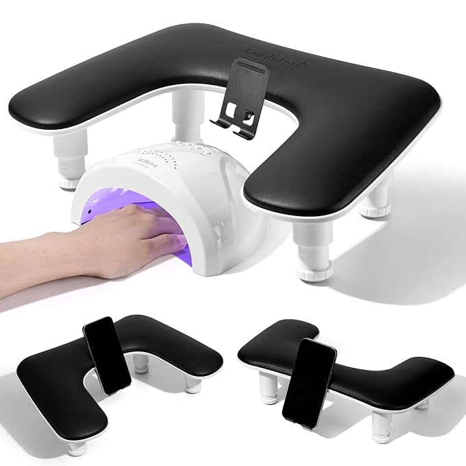 Arm Rest for Nails Tech: 3rd Generation Manicure Nail Arm Rest with Rotating Phone Stand, U-Shaped Height Adjustable Hand Rest Pillow for Acrylic Nails Black