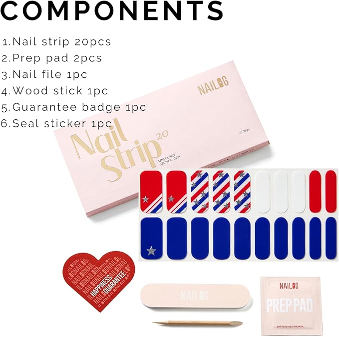 July 4 Semi Cured Gel Nail Strips - NAILOG 20 Pcs Nail Stickers Extra Long Wraps with Glossy Gel Finishing for Independence Day, Born to Star