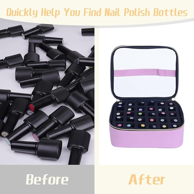Small Clear Nail Polish Case Holds 30 bottles(15ml-0.5fl.oz) Nail Polish Organizer Multifunctional Nail Polish Bag organizer, Cosmetic Travel Makeup Cases for Women, Pink