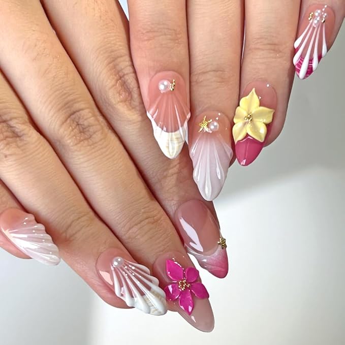 Press On Nails - Luxury Almond 3D False Nails Women Reusable ABS Material Finger Printed Nail Tip French Salon Design Artificial Fingernail (Size S)