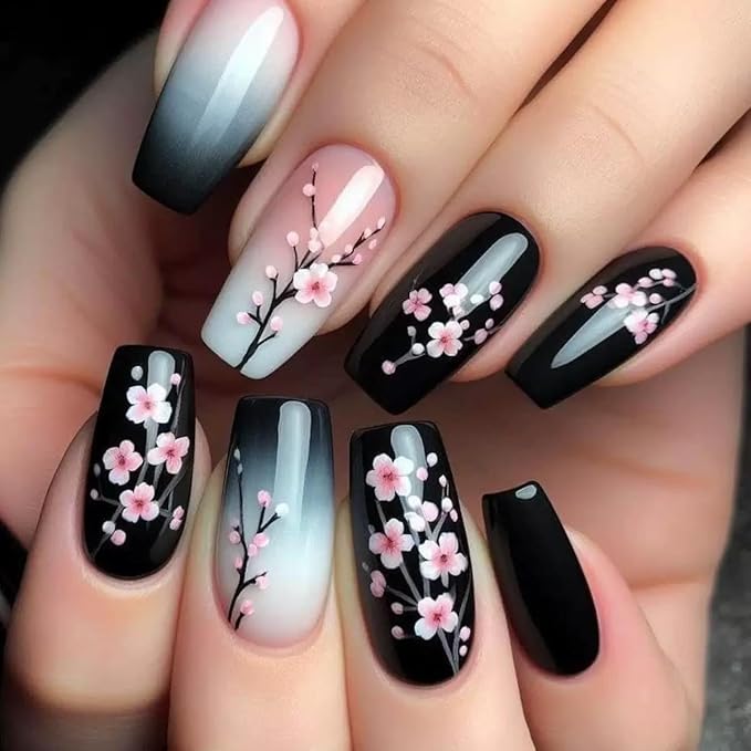 Press on Naills Black - Medium Coffin Fake Nails with Plum Blossom Design - Flower Stick on False Nails for Women - 24 Pcs