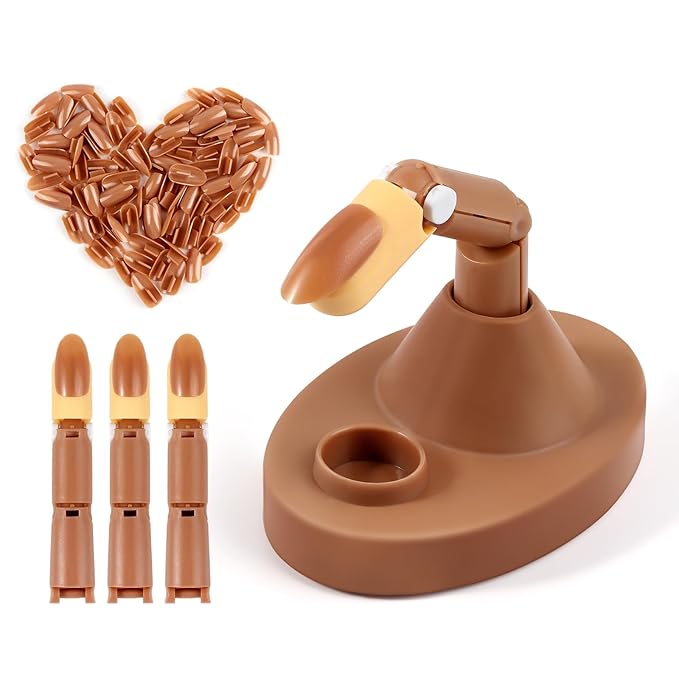 Practice Fingers Hand Acrylic Nails: 3PCS Fake Fingers to Practice Fake Nails - Manicure Acrylic Nail Hands Training Set with Base and 100PCS Brown Nail Tips for Nail Supplies