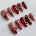 Valentines Press on Nails Medium Almond Fake Nails Heart Nails Press Ons French Tip Glue on Nail Gold Bow False Nails Glossy Full Cover Stick on Nail for Women and Girls Decoration Set 30Pcs