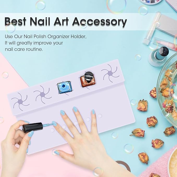 Nail Polish Holder,Silicone Hand Rest Mat Fingernail Painting Tools 2 in 1 Art Accessories Organizer Case Set with Anti-Spill Bottle Stand and Finger Separators for Pedicure Manicure(Purple)