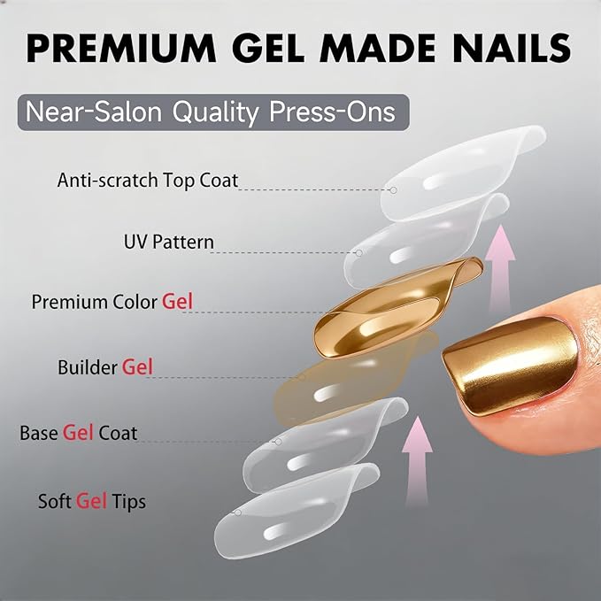 Chrome Press on Nails Short Square, Metallic Bronze Fake Nails with a Sparkle Mirror Finish, Glitter Glue on Nails for Women Birthday Party, Thick Quality Soft Gel Nail Press ons 30 Pcs