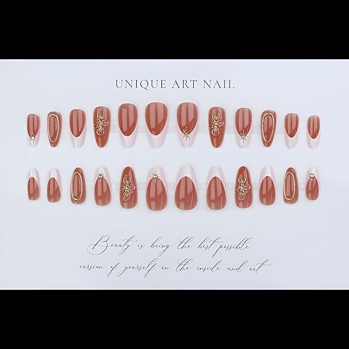 White French Tip Fake Nails Medium Almond Press on Nails Gold Flower Nails Press Ons Glossy Full Cover Glue on Nail Star False Nails Acrylic Stick on Nail for Women Decorations Set 24Pcs