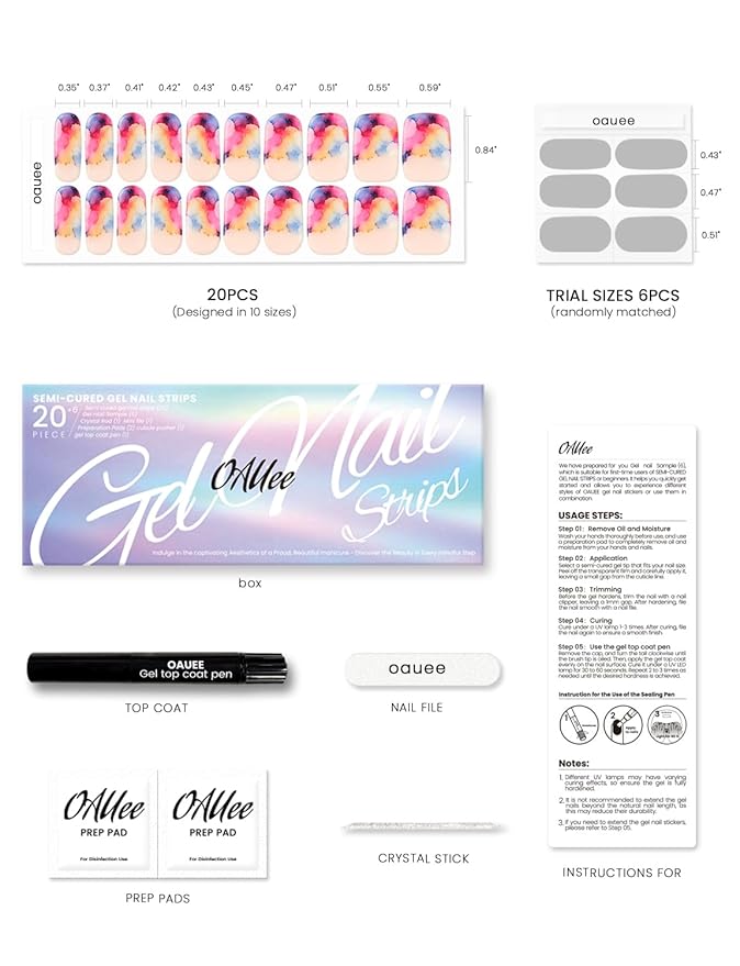 Semi Cured Gel Nail Strips | Built-In Gel Top Coat | UV Light Required | Salon Quality, Easy Application And Removal (Ink Blot Rainbow）