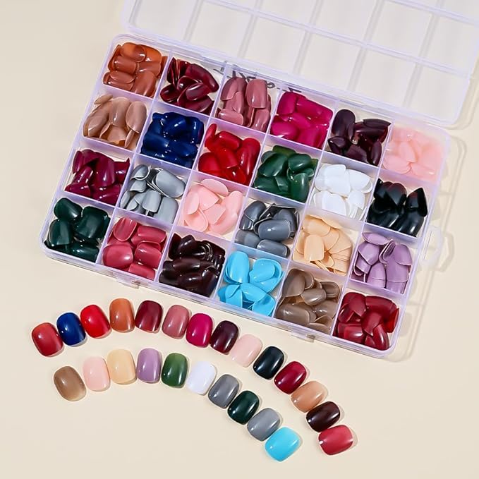 24Packs 576Pcs Squoval Press on Nails Short Round Fake Nails Solid Color Acrylic Nails Glossy Oval Pure Artificial False Nails Colorful Nature Glue on Nails for Women Girls Manicure Nails Decoration