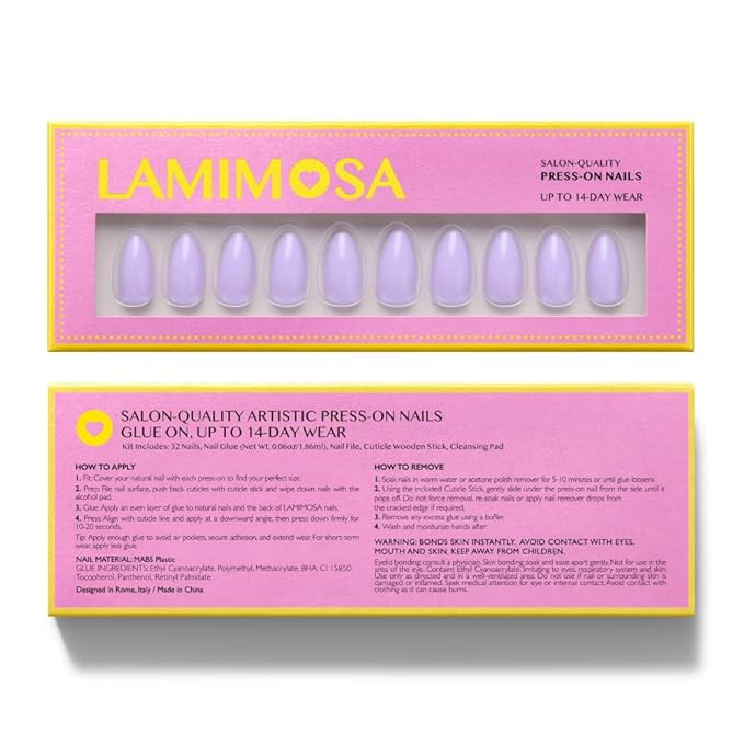 LAMIMOSA 32Pcs Lilac Press On Nails Short Almond – Soft Gel Fake Nails in 16 Sizes, Reusable Glue on Nail kit, LILAC