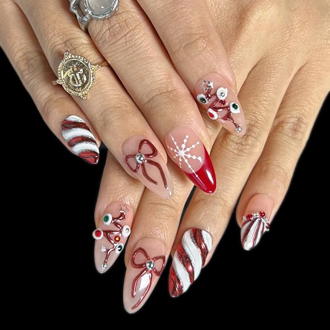 Press On Nails - Handmade Almond short Nails, Painting French 3D Stars Art Design press ons, Reusable Artificial False Nails for Women 10 Pcs Acrylic Nails Kits (Size M)