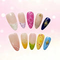 10pcs Handmade Press On Nails Almond Shaped - French Tip with 3D Floral & Polka Dot Design, Glossy Colorful Fake Nails Medium Length Full Coverage Acrylic Nails for Women (Dopamine Glow,S)