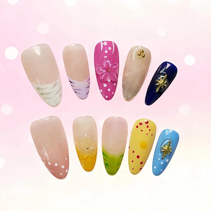 10pcs Handmade Press On Nails Almond Shaped - French Tip with 3D Floral & Polka Dot Design, Glossy Colorful Fake Nails Medium Length Full Coverage Acrylic Nails for Women (Dopamine Glow,M)