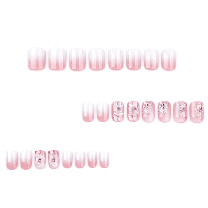 Summer Fall Press On Nails Short Square, Nude Fake Nails Featuring a Nude-to-White Gradient and Elegant White Floral Accents, Glossy Finish Acrylic Nails, Reusable Glue On Nails for Women, Petal Veil
