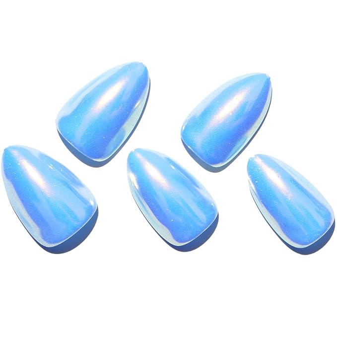 GLAMERMAID Light Blue Mirror Chrome Press On Nails Short Almond, Golden Donut Glazed Handmade Soft Jelly Gel Fake Nails, Round Oval Stick Glue on Nails Kit for Women, Reusable Acrylic False Nail Set