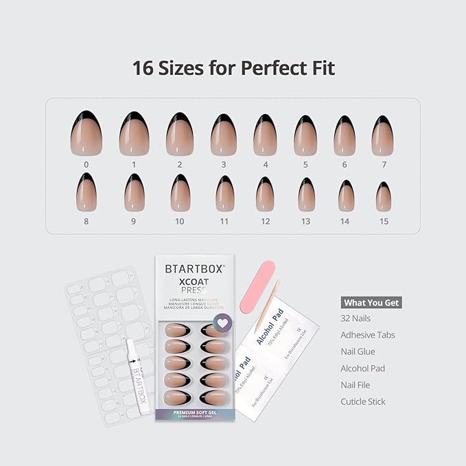 BTArtbox French Tip Press On Nails, Almond, Supremely Fit, Natural, Reusable Short Glue/Stick On Nails for Women Gift in 16 Sizes, Black French, 32 Fake Nails Kit