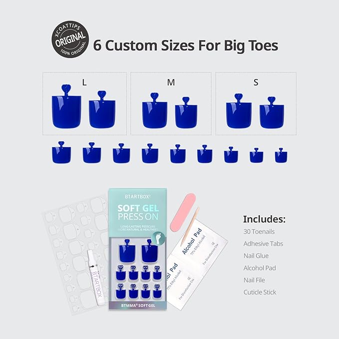 BTArtbox Press On Toenails - Sharp Square Opaque Blue Toe Nail Press Ons with Glue for Women, Fake Toe Nail Tips in 15 Sizes - 30 Toenails Kit, Naval Forces