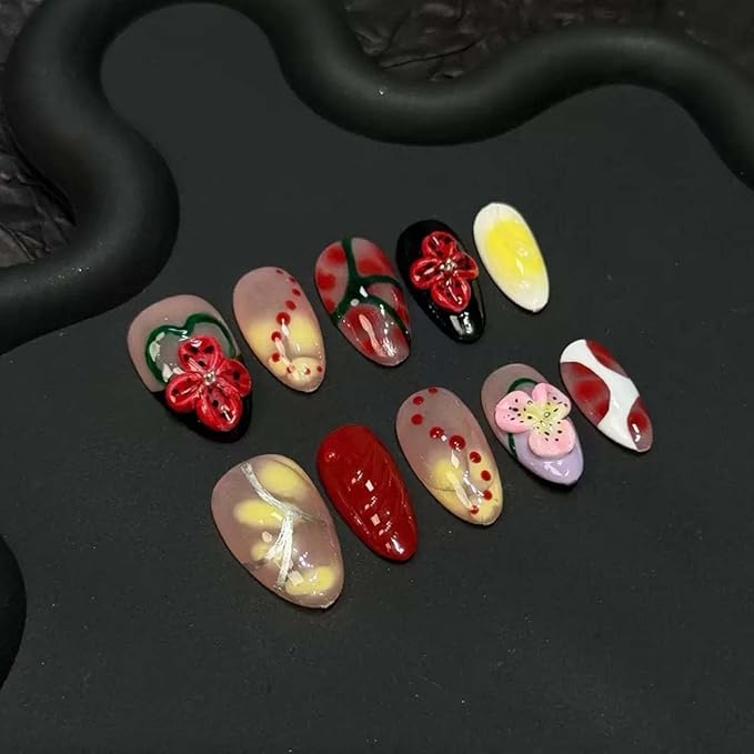 Short Almond Press On Nails Handmade Fake Nails With Red 3D Flower Design Full Cover Stick On Nail Floral Acrylic Artificial Glossy Nail For Women Girls 10pcs (SIZE:Large)